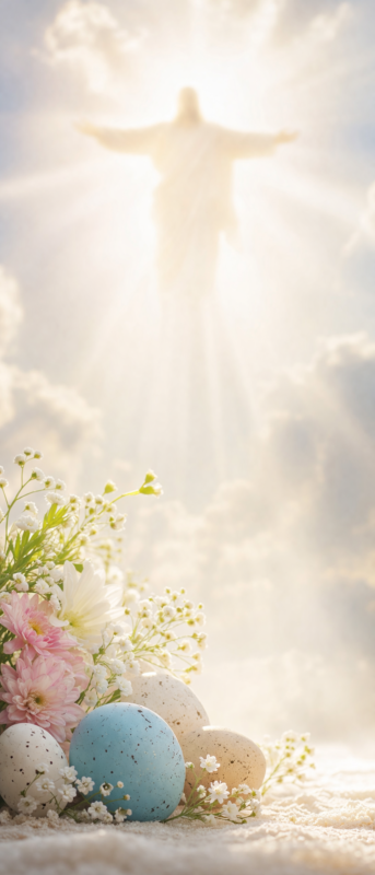 Arranged pastel Easter eggs and flowers with a glowing figure of Christ radiating light in the cloudy sky above