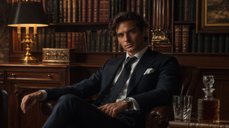 Stylish man in a dark suit sitting confidently in a leather chair surrounded by wooden furniture and a bookshelf full of old books