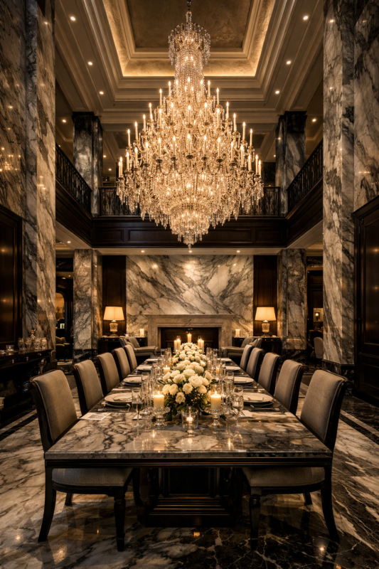 Opulent dining room featuring a long marble table adorned with candles and flowers under a grand crystal chandelier