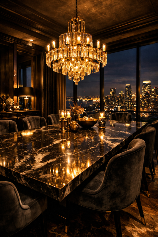 Elegant dining area with velvet chairs, a large polished marble table, and a luminous crystal chandelier against a city skyline at night.