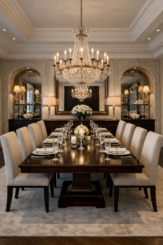 Luxurious formal dining room featuring a long dark wood table, beige upholstered chairs, crystal chandeliers, and elegant lighting