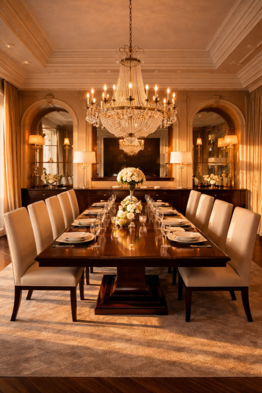 Luxurious dining room with polished wooden table set for twelve, upholstered chairs, floral centerpieces, and a grand crystal chandelier overhead