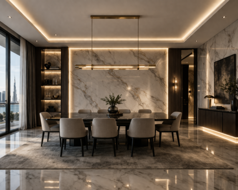 Spacious, elegant dining room with marble walls, large dining table, cushioned chairs, and panoramic cityscape visible through floor-to-ceiling windows
