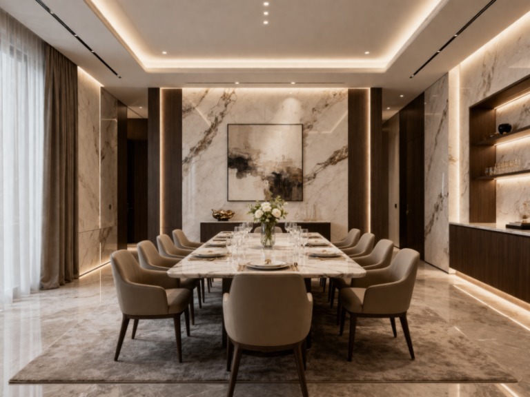 Luxurious dining room featuring a large marble table surrounded by beige upholstered chairs, warm ambient lighting, and contemporary artwork