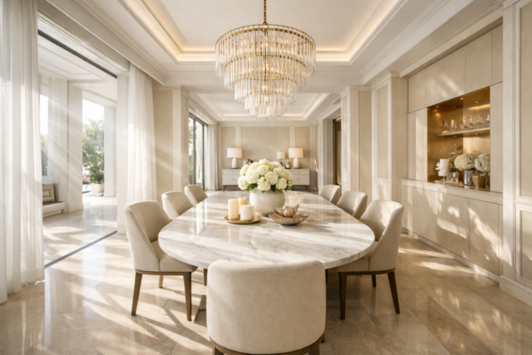 Bright and elegant dining room featuring a large marble table, beige upholstered chairs, and a luxurious chandelier.