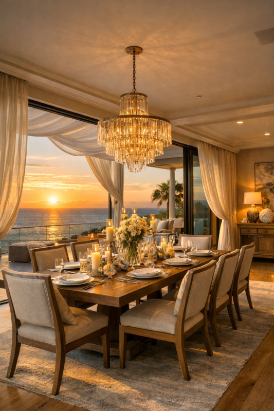 Spacious dining room with wooden table set for dinner, luxurious chandelier, overlooking ocean and sunset through large glass doors