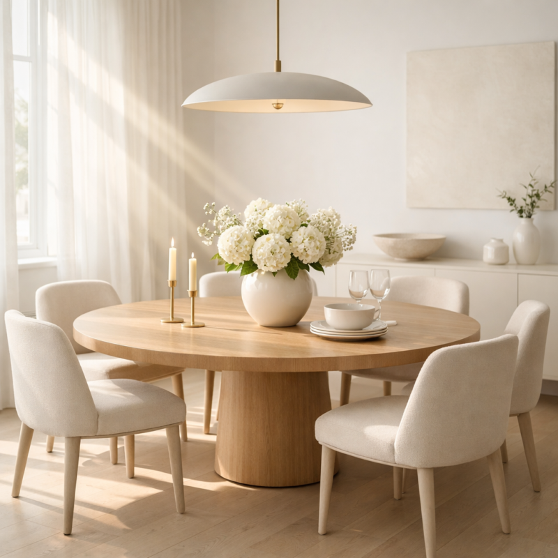 Sunny minimalist dining room with round light wood table, beige upholstered chairs, white floral centerpiece, and modern pendant light