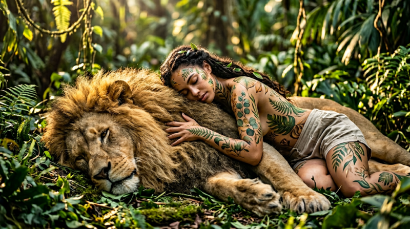 Woman with botanical body paint lying peacefully against a resting lion in a lush green jungle setting