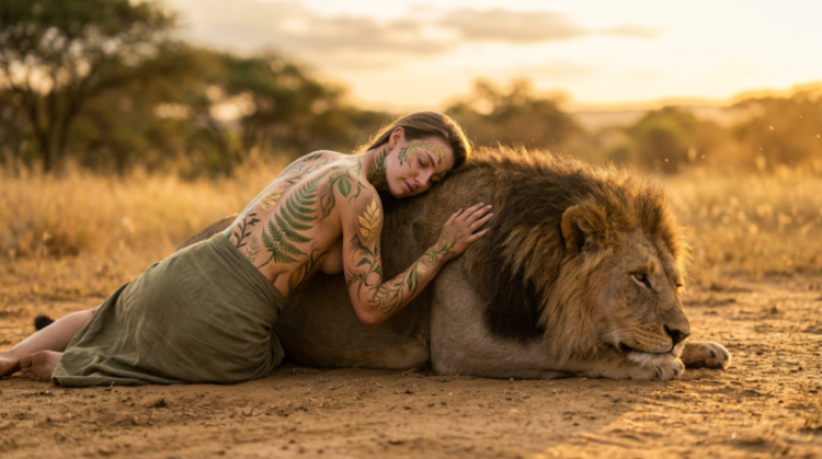 Woman with botanical body art lying peacefully on the ground, gently hugging a large lion outdoors at sunset