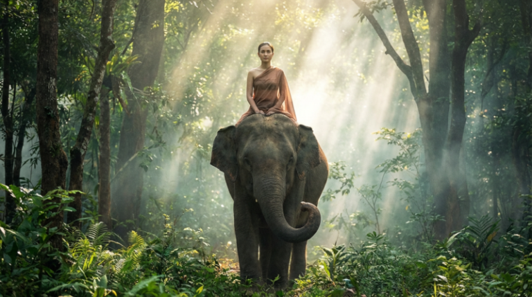 Woman in traditional attire sitting calmly on an elephant in a misty forest with sun rays piercing through the trees