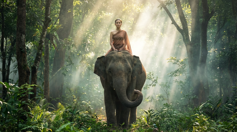 Woman in traditional attire sitting calmly on an elephant in a misty forest with sun rays piercing through the trees