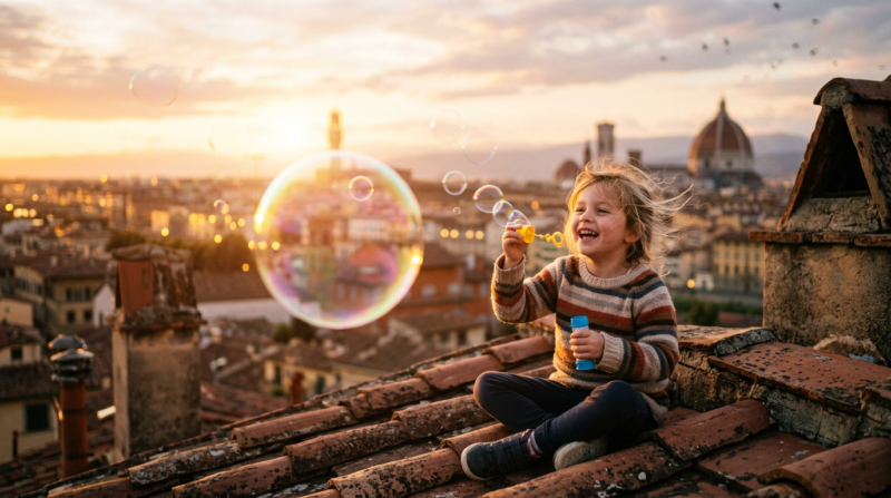 Young child sitting on rustic rooftop with old tiles, blowing bubbles with a cityscape and sunset in the background