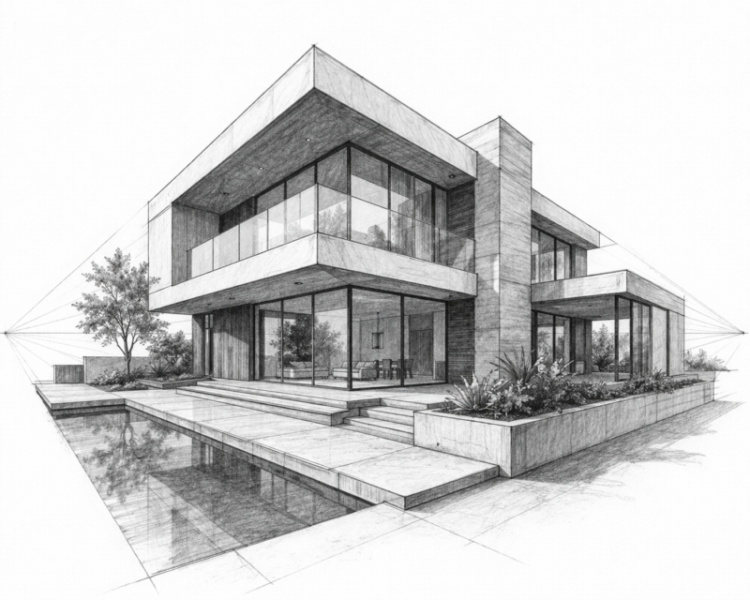 Detailed pencil sketch of a modern two-story house with large glass windows, balcony, and pool reflecting the structure