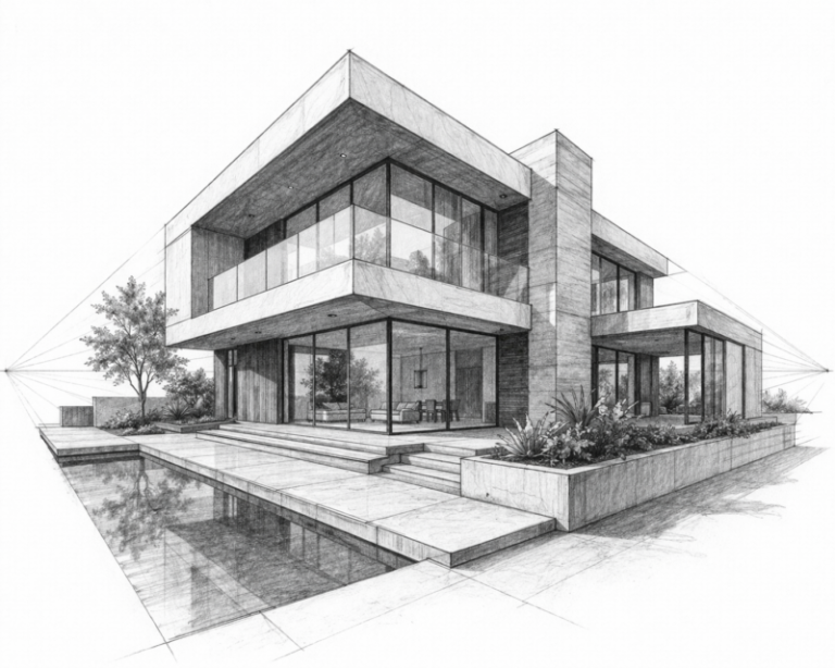 Detailed pencil sketch of a modern two-story house with large glass windows, balcony, and pool reflecting the structure