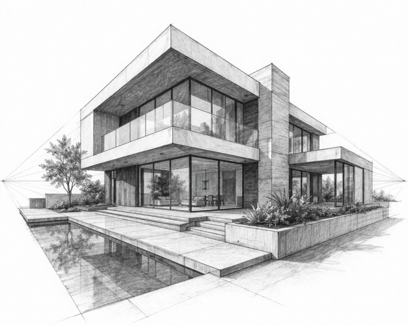 Detailed pencil sketch of a modern two-story house with large glass windows, balcony, and pool reflecting the structure