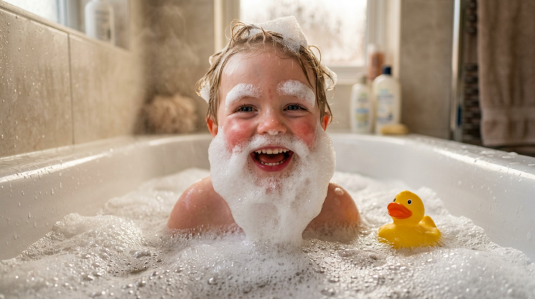 Happy young child with soap bubbles shaped like a beard and eyebrows, smiling in a bubbly bathtub with a yellow rubber duck