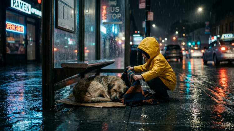 Young child in yellow raincoat wrapping a blanket around a sleeping dog on a wet city sidewalk at night