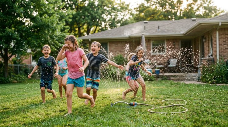 Group of children joyfully running through a water sprinkler in a sunny backyard with green grass and trees