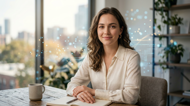 Young woman with wavy hair and white blouse sitting at a rustic wooden table in a bright office with digital data visuals