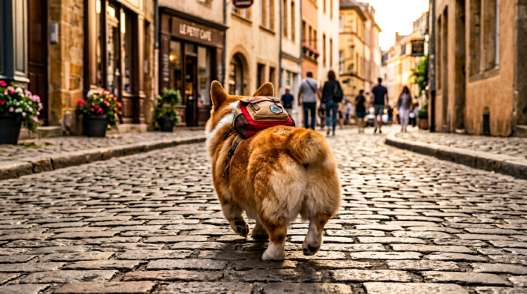 Rear view of a fluffy corgi dog wearing a small backpack walking on a cobblestone street in a quaint town