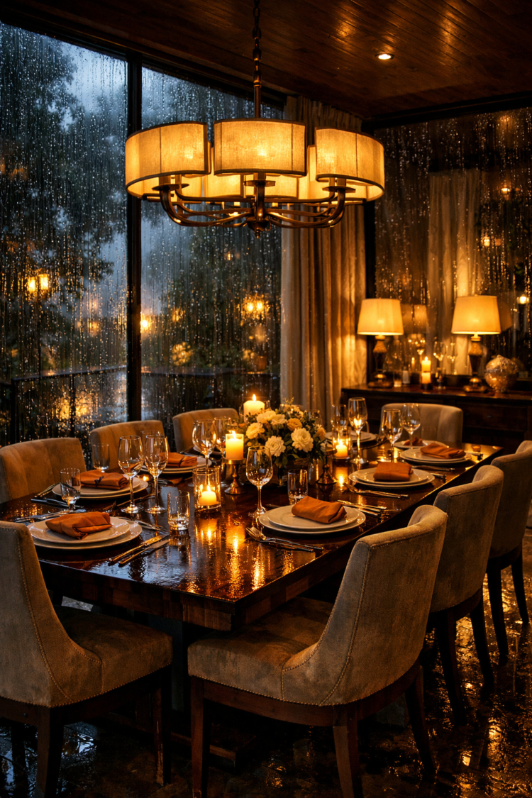 Warmly lit dining room with a wooden table set for dinner, surrounded by beige upholstered chairs, illuminated chandelier, candles, and rain outside windows