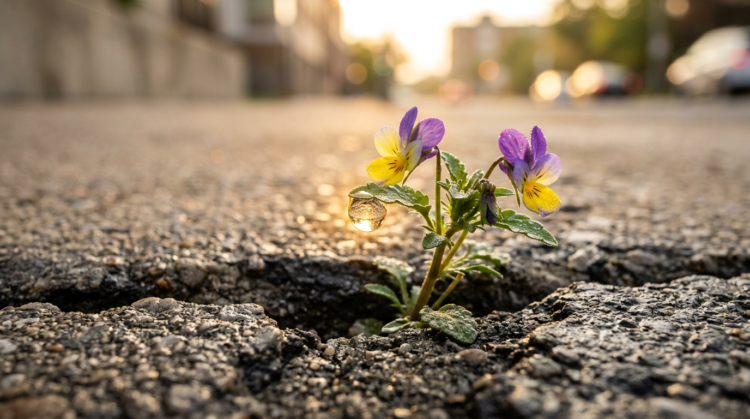 Purple and yellow flower blooming through a crack in rough urban asphalt with a dewdrop hanging from a leaf