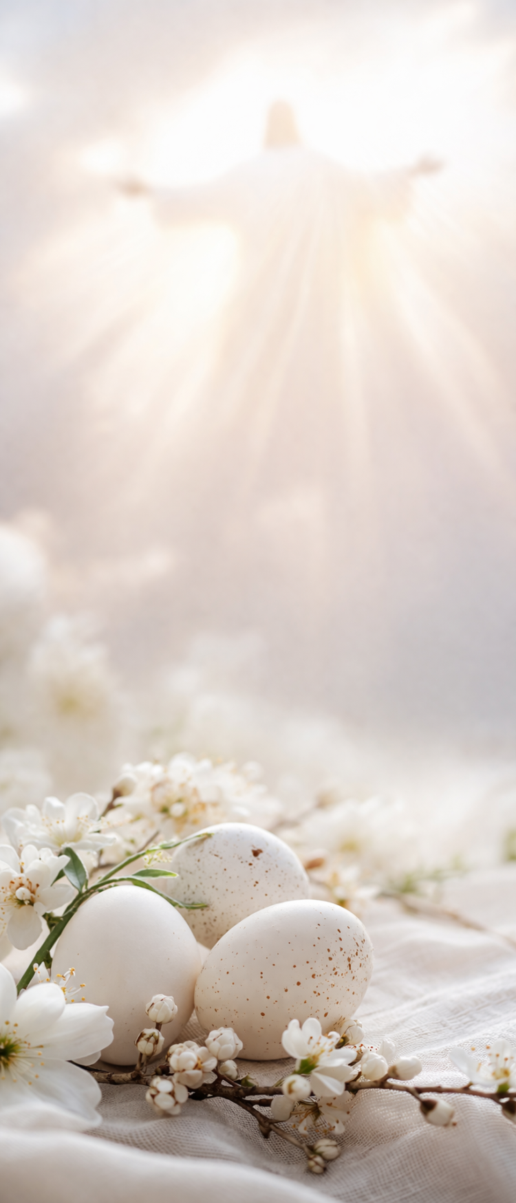 Softly lit Easter eggs and spring blossoms in the foreground with a glowing silhouette symbolizing resurrection in the bright sky