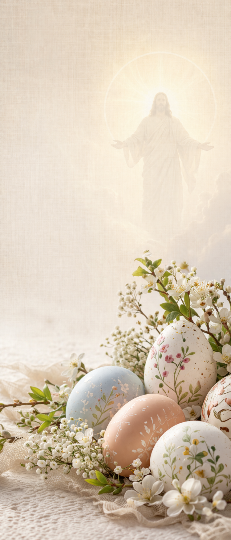 Pastel decorated Easter eggs surrounded by white blossoms with a radiant, translucent figure of Jesus in the background