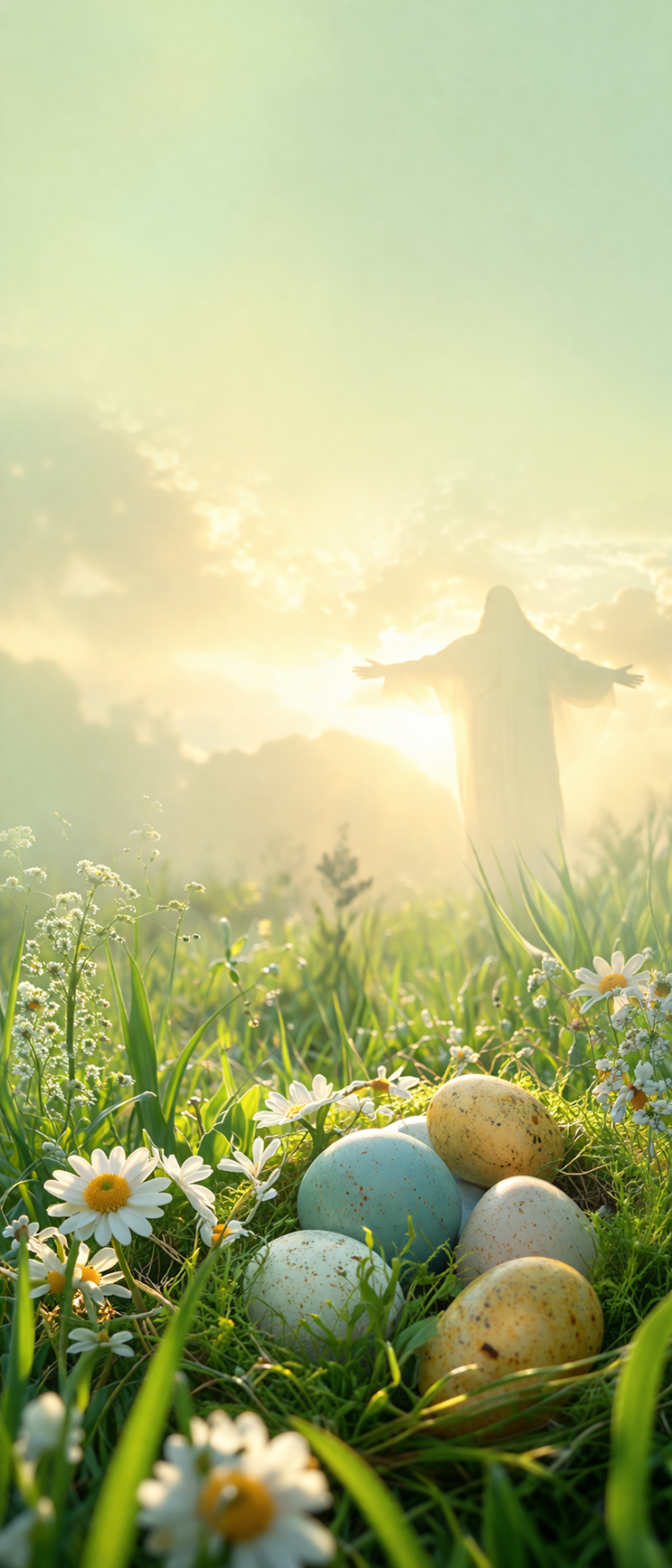 Close-up of colorful Easter eggs nestled in grass and flowers with a glowing Jesus statue silhouette at sunrise in the background