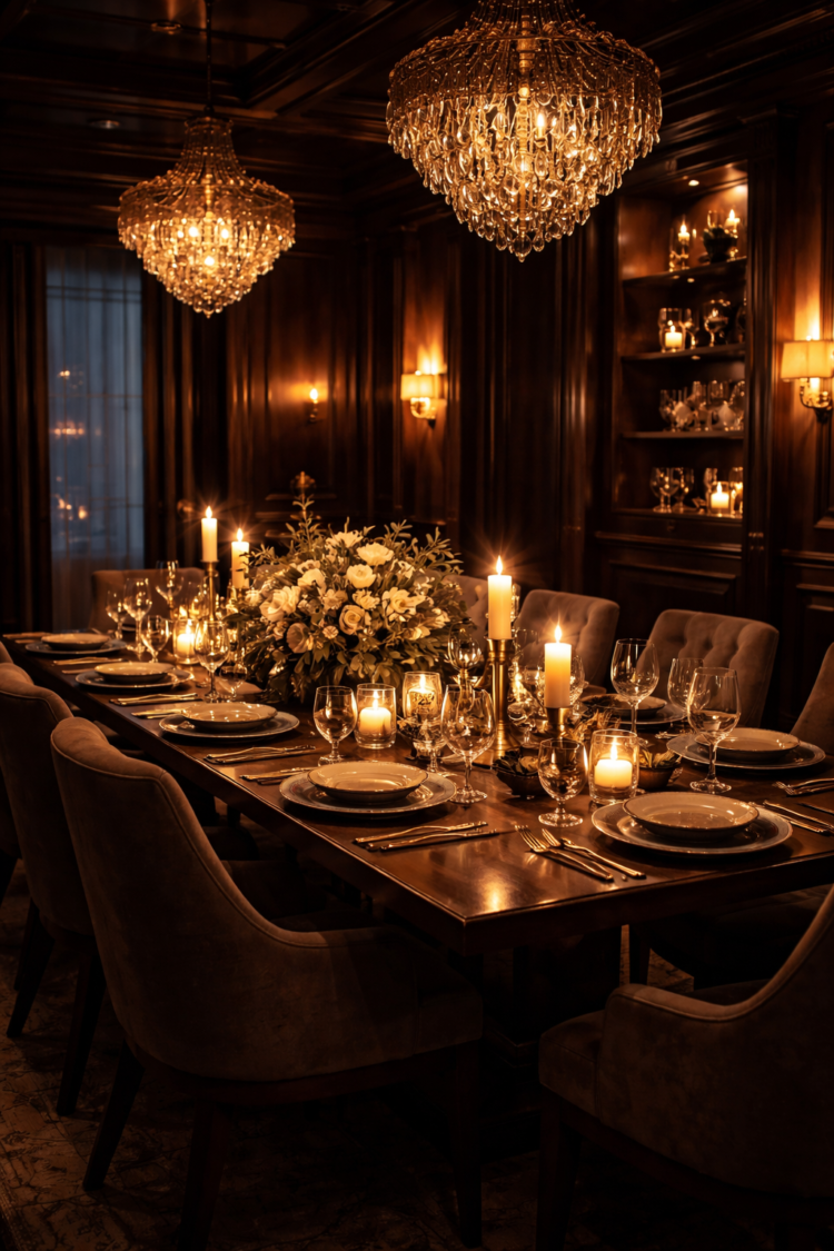 Luxurious dining room with plush seats, a wooden table set with fine china, glassware, candles, and a floral centerpiece under crystal chandeliers