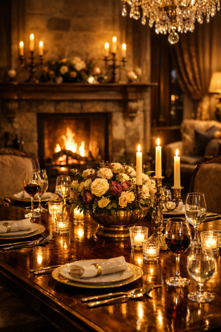 Luxurious dining table arranged with candles, floral centerpiece, fine china, and glassware beside a glowing fireplace