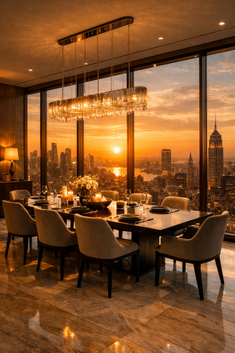 Modern dining room with elegant table set for dinner, large windows overlooking a city skyline at sunset