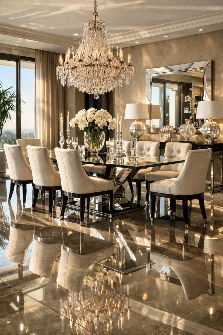 Luxurious dining room featuring a glass table, beige upholstered chairs, crystal chandelier, and reflective marble floor