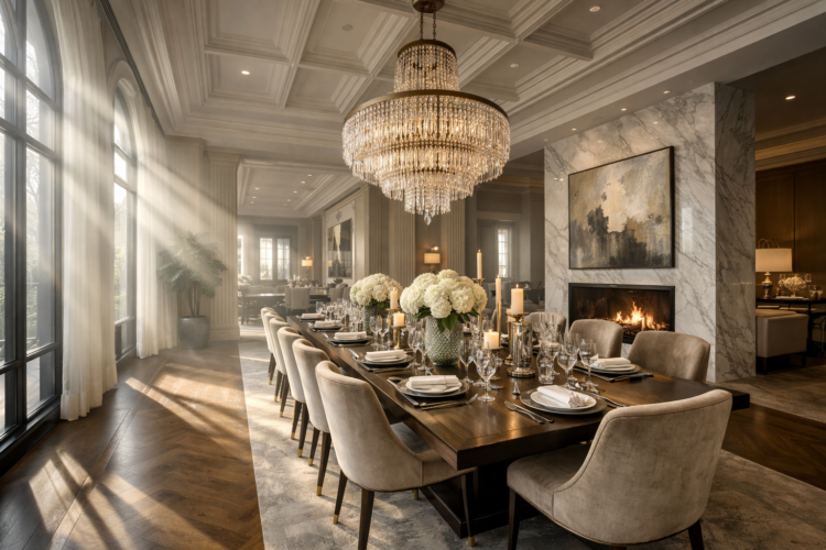 Luxurious dining area featuring a long wooden table set with elegant tableware, plush chairs, a sparkling crystal chandelier, and a cozy fireplace