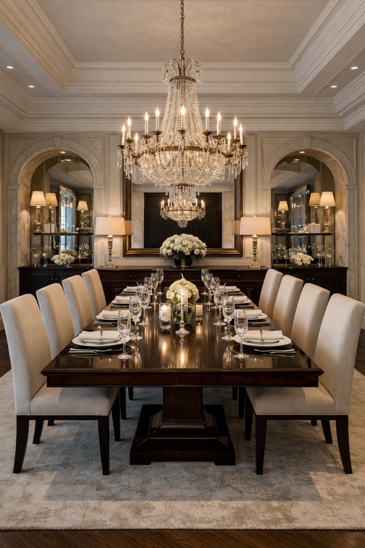 Luxurious formal dining room featuring a long dark wood table, beige upholstered chairs, crystal chandeliers, and elegant lighting