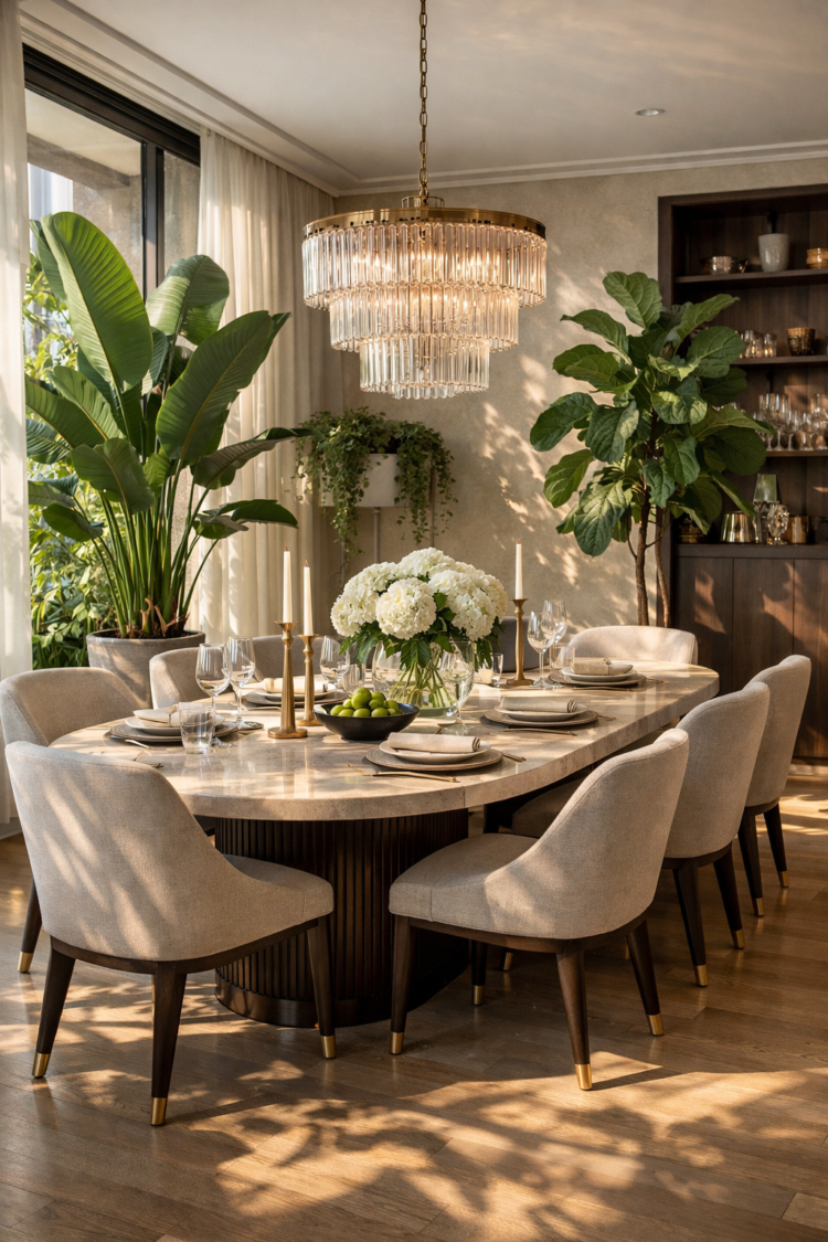 A stylish dining room setup with a marble table, beige cushioned chairs, gold candle holders, white floral centerpiece, and abundant green plants