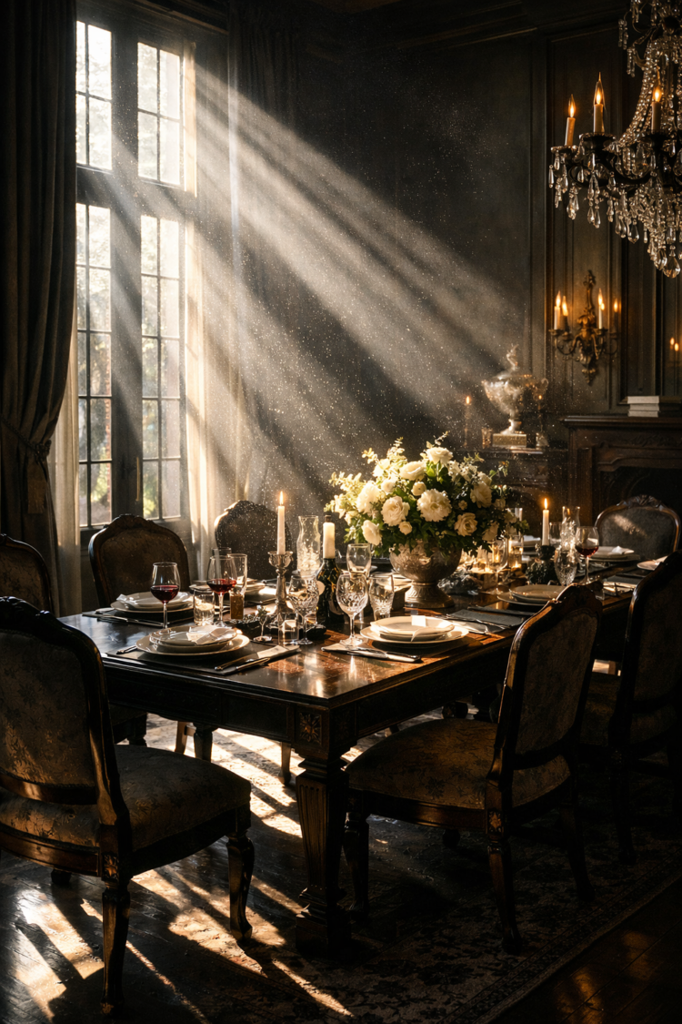 A vintage dining table set with elegant glassware, flowers, and candles illuminated by sunlight streaming through tall windows in a classic room.