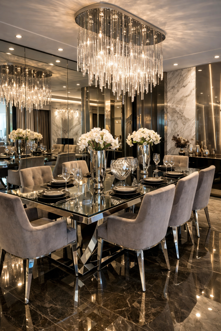 Modern dining room with a reflective glass table, plush beige chairs, crystal chandelier, and mirrored walls