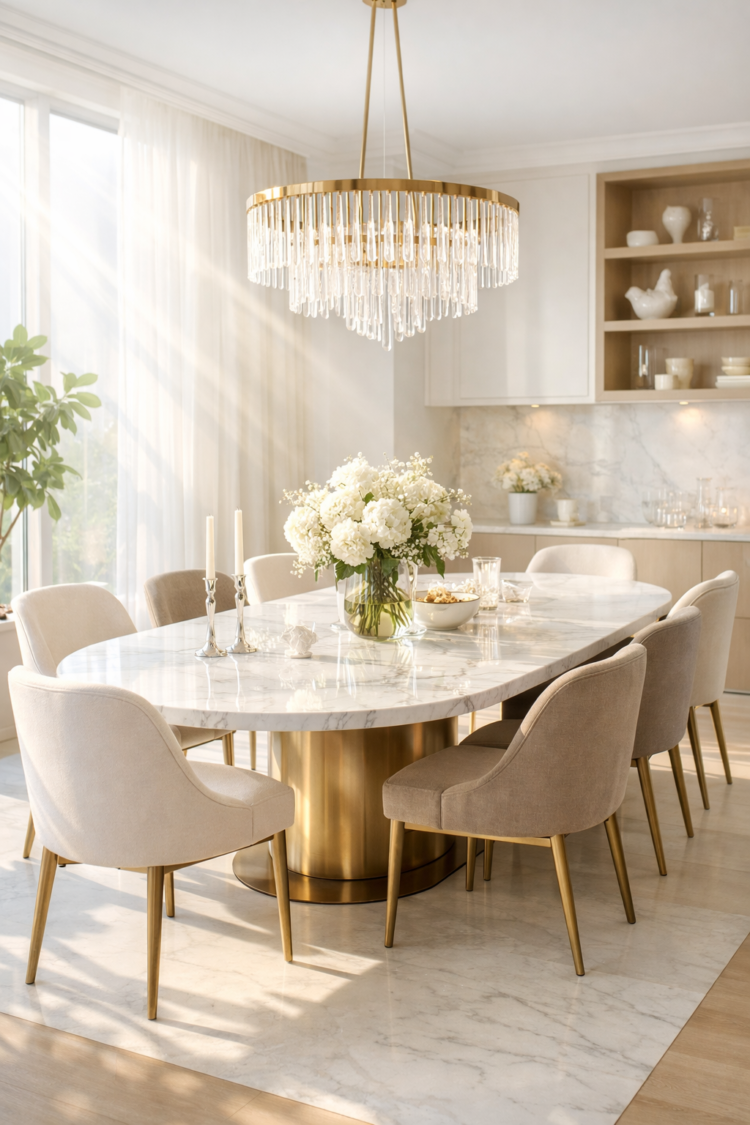 Bright modern dining room featuring an oval marble table with beige upholstered chairs and a crystal chandelier above.