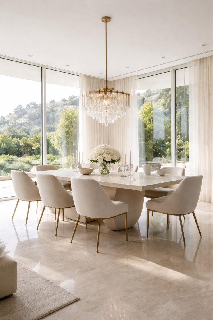 Bright modern dining room with large windows, beige upholstered chairs, a marble table, and a crystal chandelier