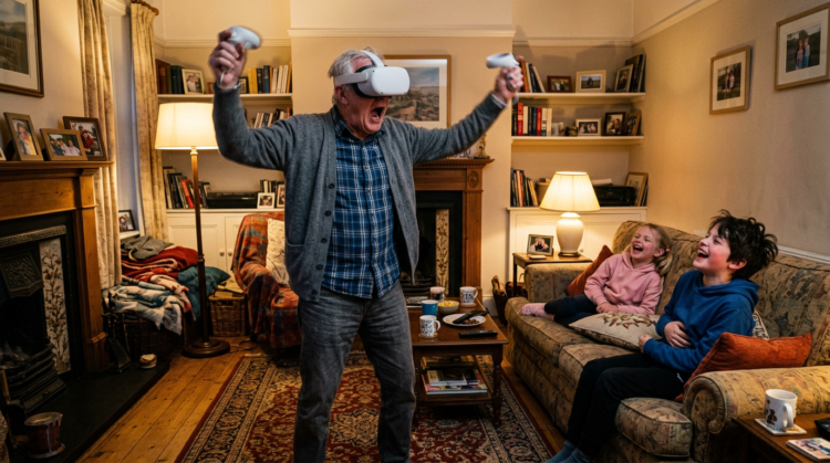 Elderly man wearing virtual reality headset and holding controllers while two children laugh on a sofa in a cozy living room