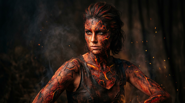 Woman with body painted like cracked glowing lava with fiery orange and red hues, surrounded by smoke and ember sparks