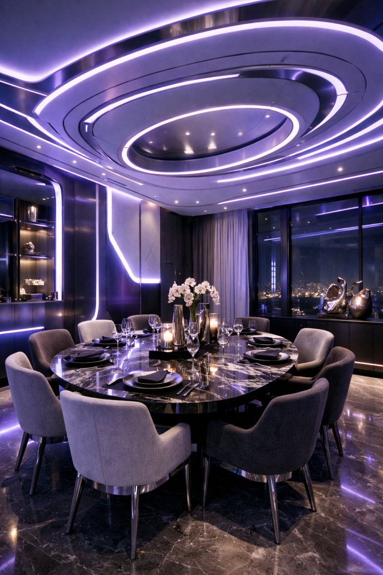 Elegant futuristic dining room with purple neon lights, circular marble table, plush chairs, and city view through window