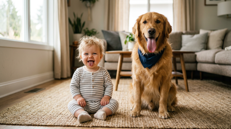 A smiling toddler in striped pajamas sitting on a rug beside a golden retriever dog with a blue bandana in a cozy living room