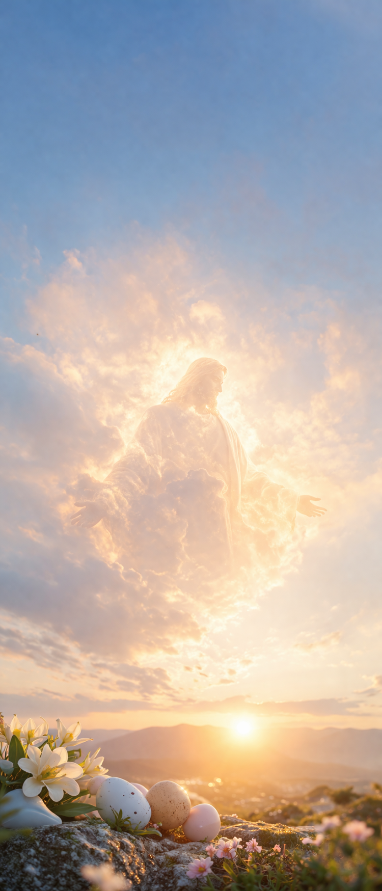 A luminous figure resembling a divine being emerges from glowing clouds above a sunrise landscape with decorated Easter eggs and flowers in the foreground.