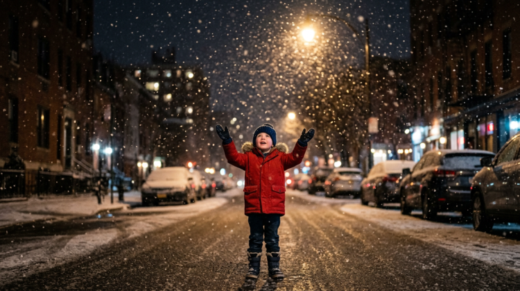 A young child in a red winter coat and blue hat standing in a snowy city street at night with arms raised catching falling snowflakes