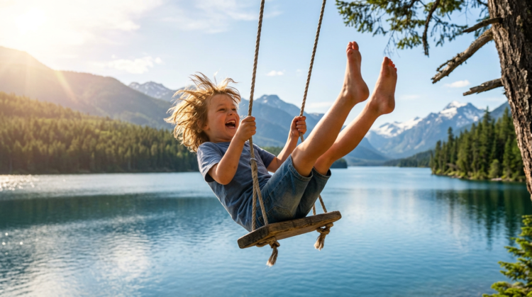 Young child with windblown hair happily swinging on a rope swing beside a lake with mountains and forest in the background