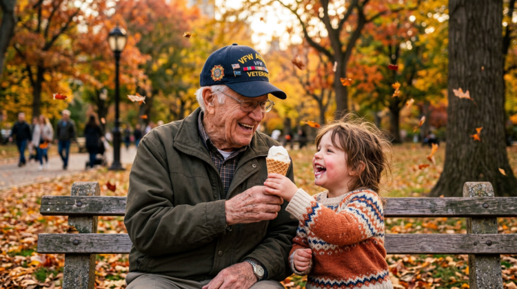 Elderly man wearing a veteran cap enjoying ice cream with a laughing young child on a park bench in autumn