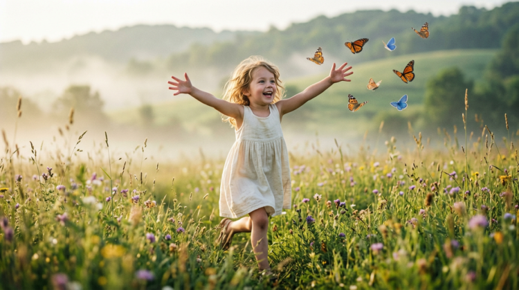 Happy young girl in a white dress running through a wildflower meadow with colorful butterflies flying around her hands