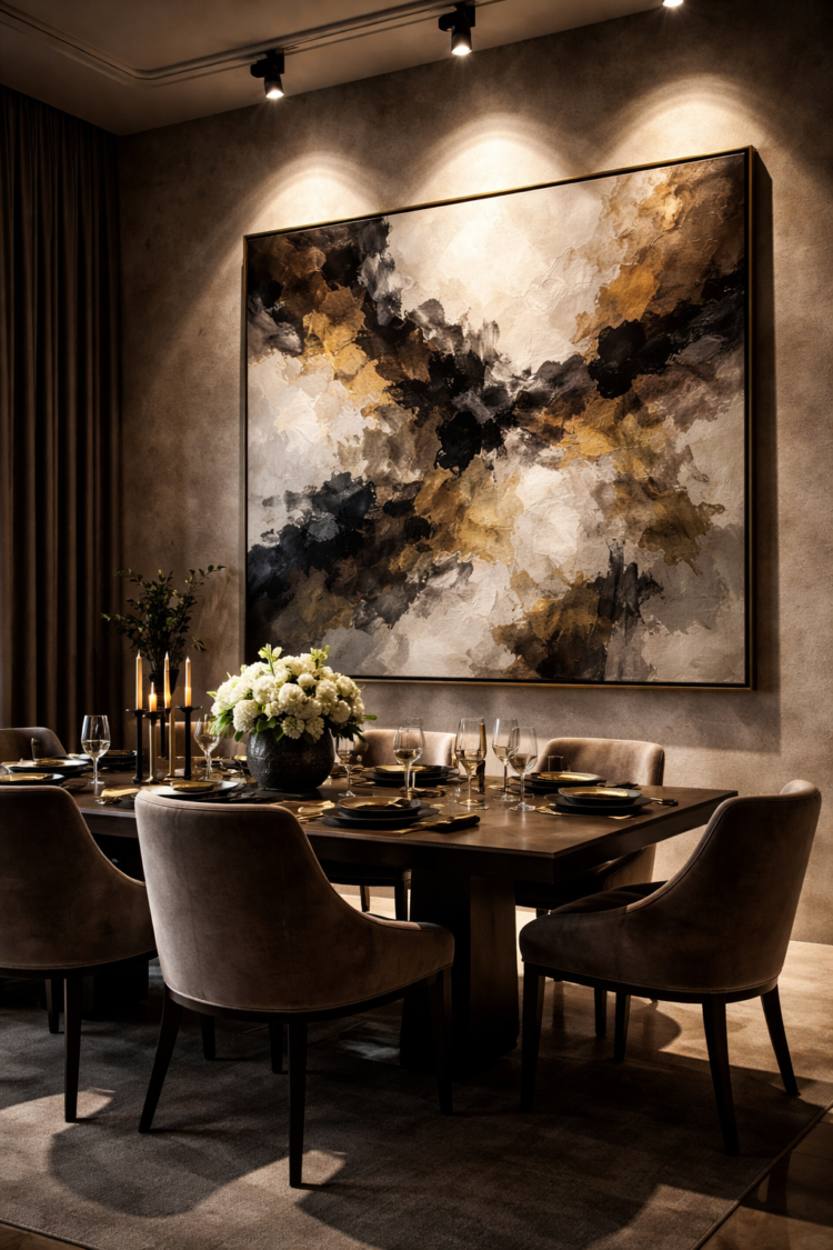Elegant dining room with plush velvet chairs, dark wooden table set with fine glassware and flowers, abstract painting on wall